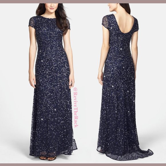 NEW Adrianna Papell Scoop Back Sequin Mesh Gown in Navy /Gunmetal [SZ 2‎ ] - Picture 4 of 5